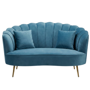 Blue Velvet Shell 2-Seater Sofa with Gold Legs